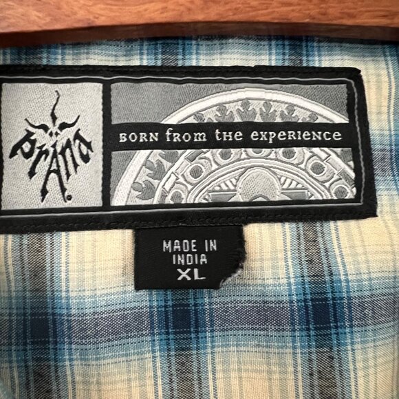 Prana Blue Beige Plaid Outdoor Mens Short Sleeve Snap Button Shirt Size XLarge - Picture 7 of 7